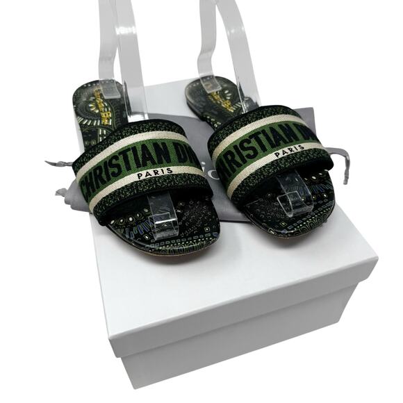 Christian Dior Dway Animals Print Embroidered Slides Green Black 38.5 Sandals - Picture 1 of 12